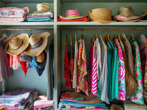 Colorful summer wardrobe with an array of vibrant dresses, hats, and scarves neatly organized, perfect for showcasing stylish seasonal fashion and inspiring closet organization ideas.