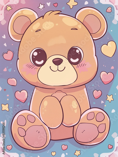 Adorable Teddy Bear with Heart and Star Accents  Cute Cartoon Illustration  Whimsical Design in Brown and Blue 