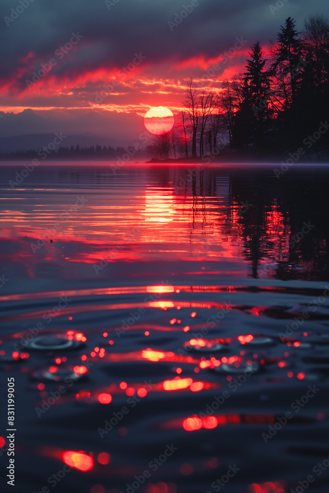 A beautiful sunset over a lake with a large sun reflecting on the water A beautiful sunset over a lake with a large sun reflecting on the water