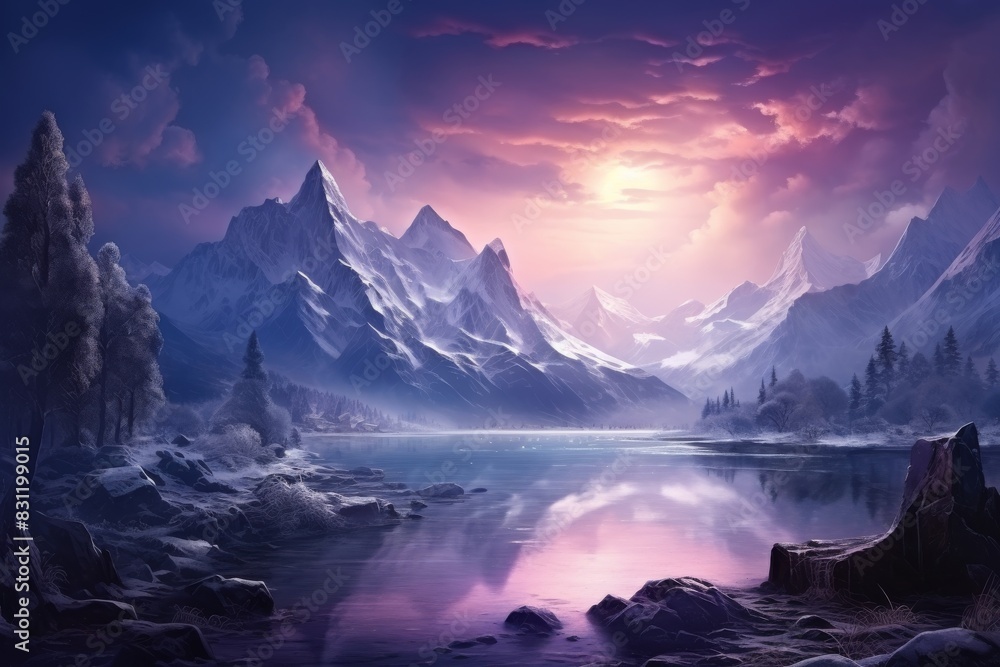 Obraz premium Mountain lake in Himalayas at sunset, perfect reflection at sunrise, snowy mountains, hills, fog over the lake, AI generated