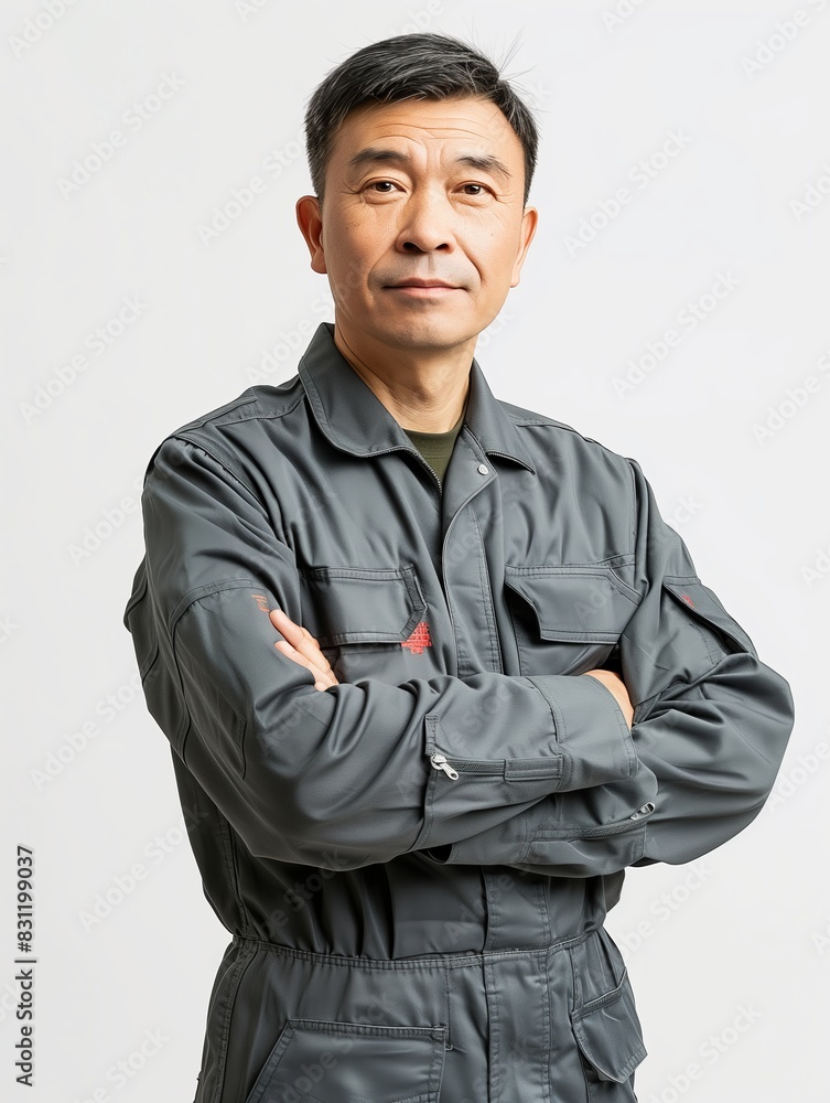 An Asian middle-aged automotive assembly worker wearing a gray uniform. An Asian middle-aged automotive assembly worker wearing a gray uniform.