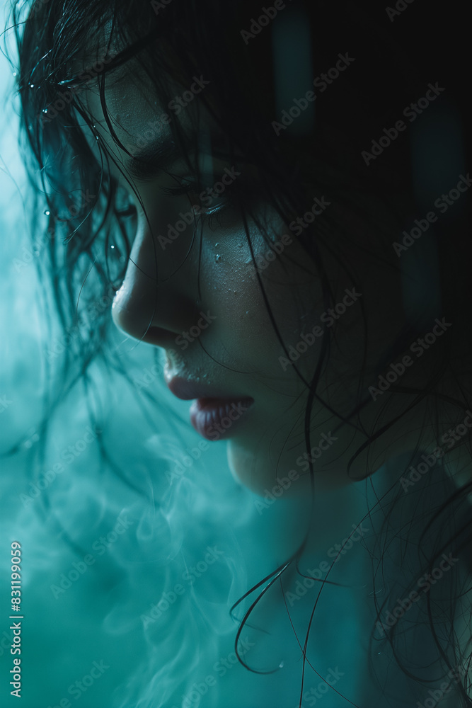 A woman with wet hair and a red lip is looking at the camera A woman with wet hair and a red lip is looking at the camera