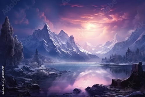 Mountain lake in Himalayas at sunset  perfect reflection at sunrise  snowy mountains  hills  fog over the lake  AI generated