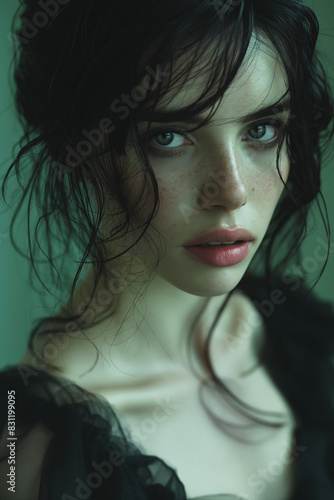 A woman with long hair and a greenish tint to her eyes