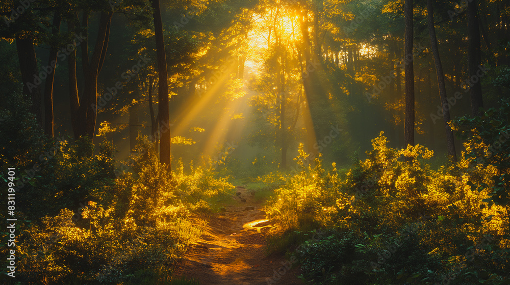 The sun is shining through the trees, creating a warm and inviting atmosphere The sun is shining through the trees, creating a warm and inviting atmosphere