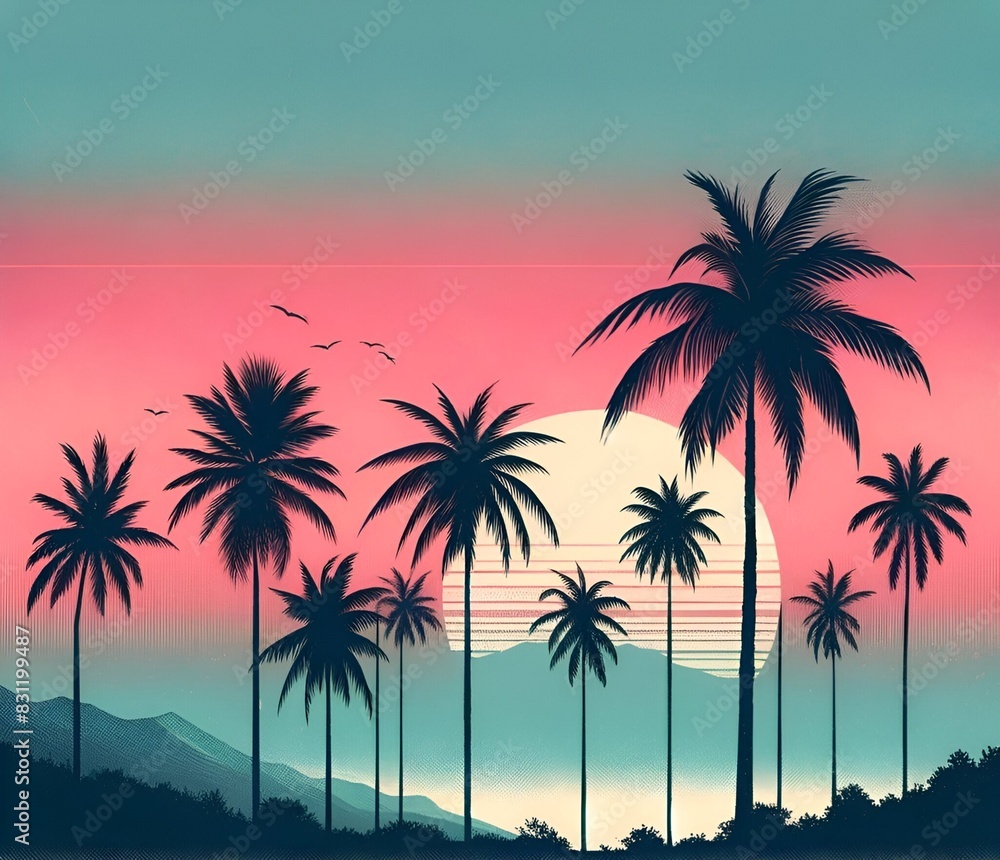 Vintage retro summer palm trees at sunset.