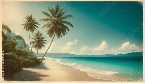 Vintage illustration of a tropical beach scene for summer.