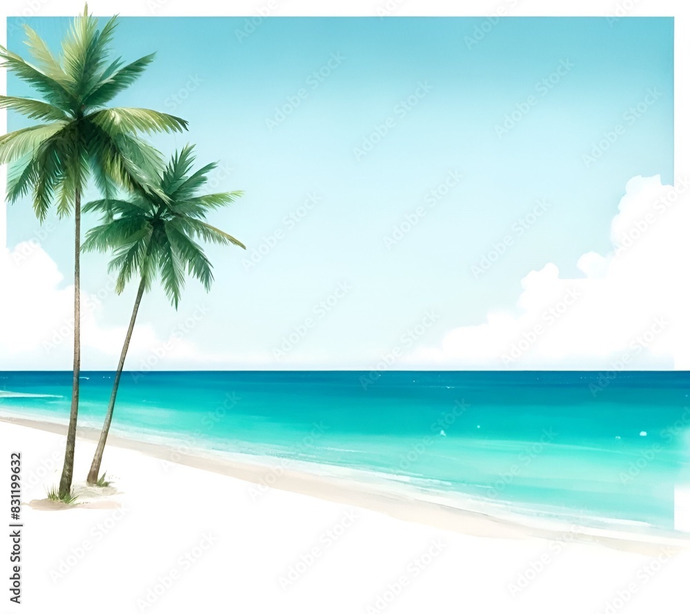 Fototapeta premium Watercolor illustration of a summer scene with the palm trees and a turquoise ocean.