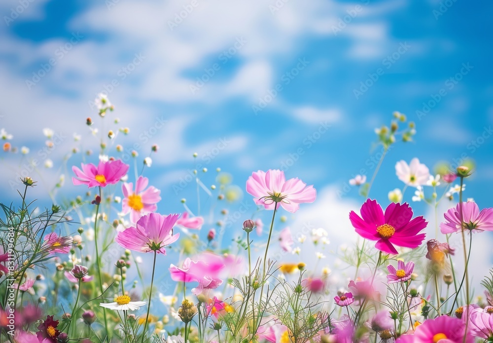 A field of blooming wildflowers under a bright blue sky, teeming with vibrant colors. This idyllic setting is perfect for placing text about growth, renewal, and the beauty of life's journey. A field of blooming wildflowers under a bright blue sky, teeming with vibrant colors. This idyllic setting is perfect for placing text about growth, renewal, and the beauty of life's journey.