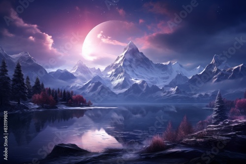 Mountain lake in Himalayas at sunset, perfect reflection at sunrise, snowy mountains, hills, fog over the lake, AI generated