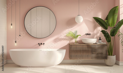 3d rendering  A Scandinavian-style bathroom with light pink walls  concrete flooring  and an open layout featuring a freestanding bathtub on the left side of the room