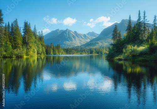 A calm lake mirroring the surrounding trees and mountains  creating a scene of perfect tranquility. The serene water and clear sky above offer an ideal background for contemplative messages.