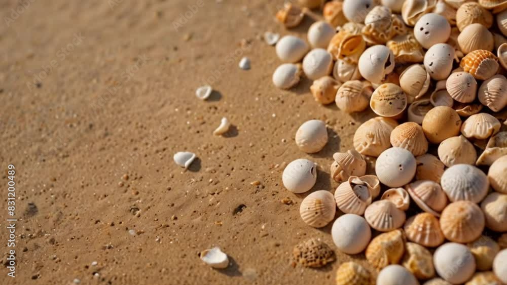 A beach scene with many shells scattered across the sand A beach scene with many shells scattered across the sand