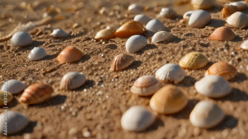 A beach scene with many shells scattered across the sand A beach scene with many shells scattered across the sand