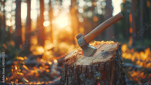 An ax stuck on a cut tree trunk.