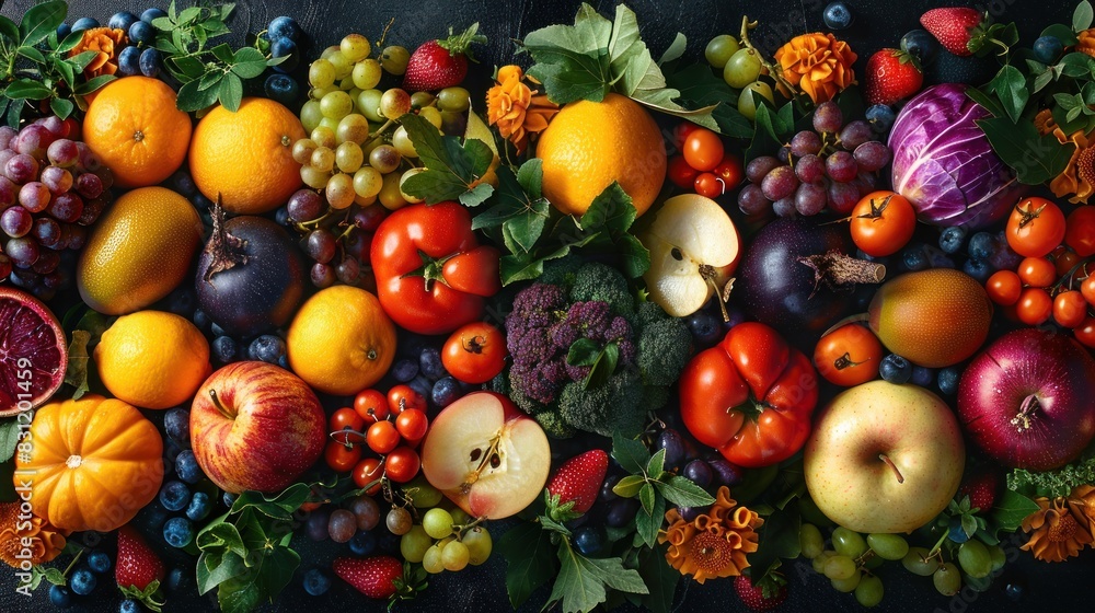 Composition with assorted organic vegetables and fruits. Composition with assorted organic vegetables and fruits.