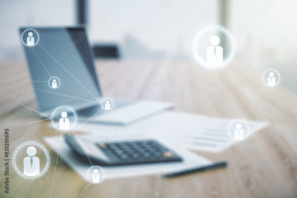 Double exposure of abstract virtual social network icons on blurry calculator with laptop background. Marketing and promotion concept Double exposure of abstract virtual social network icons on blurry calculator with laptop background. Marketing and promotion concept