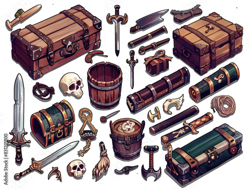 Vector illustration of pirate items, including a chest, sword, skull, and various other items.