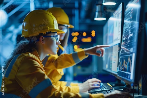 Closeup photo of a man and a woman in hardhats working together on a computer, analyzing data