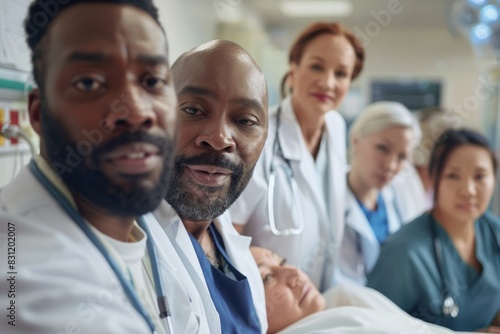 Medical professionals in hospital setting, showing empathy and concern as they stand around a baby