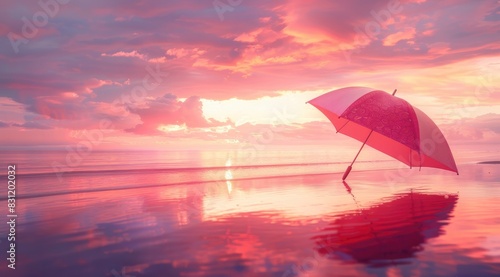 An umbrella in the shape of stands on water  against the background of an evening sky with pink clouds