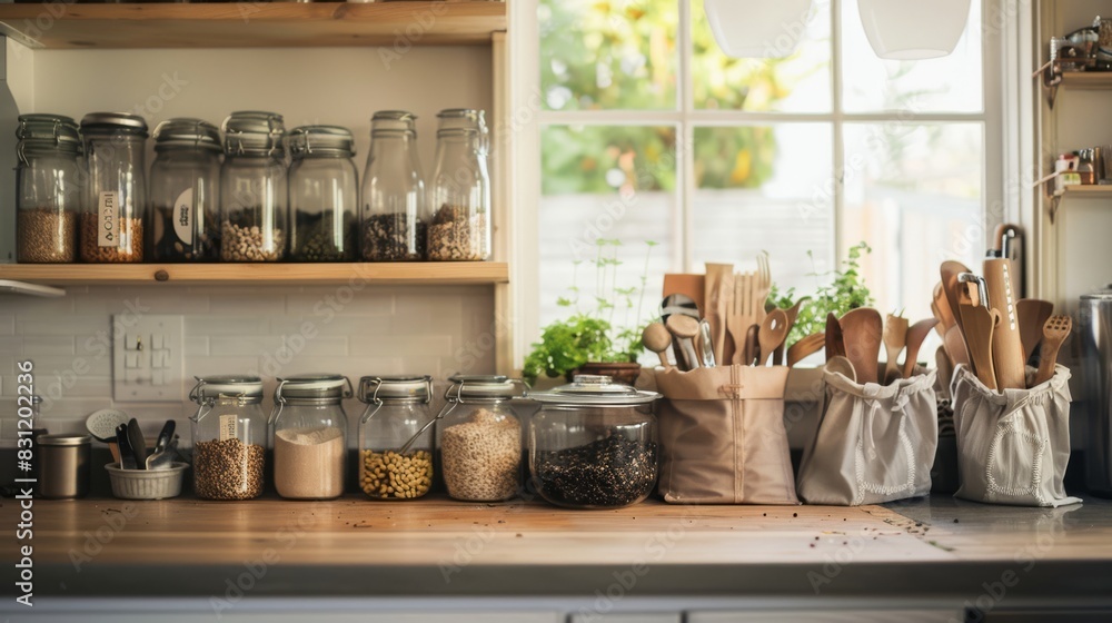 A tidy kitchen featuring neatly arranged jars of grains and legumes, along with wooden utensils and potted herbs by a sunny window.
A tidy kitchen featuring neatly arranged jars of grains and legumes, along with wooden utensils and potted herbs by a sunny window.