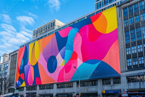 Vibrant abstract mural on building facade with blue sky background. photo