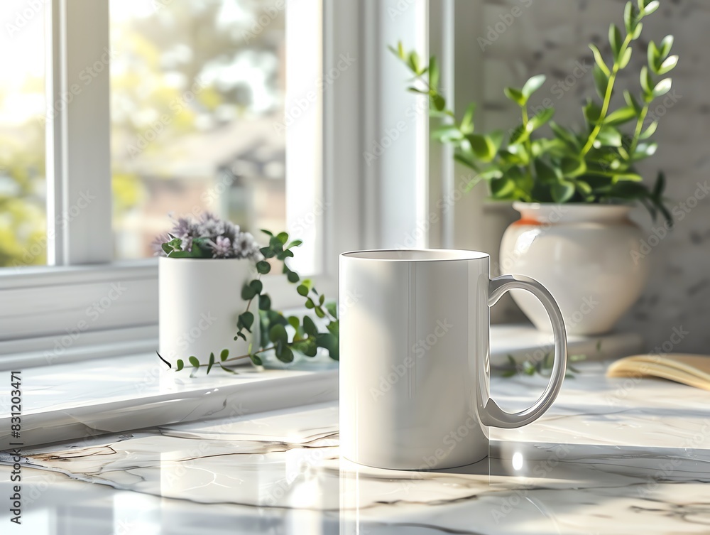 Blank white mug on kitchen counter with plants and window in background. Blank white mug on kitchen counter with plants and window in background.