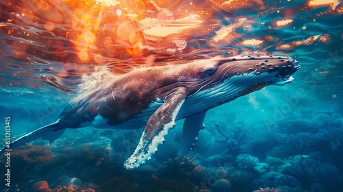 humpback whale, close up, focus on, copy space, vivid hues, Double exposure silhouette with marine life photo