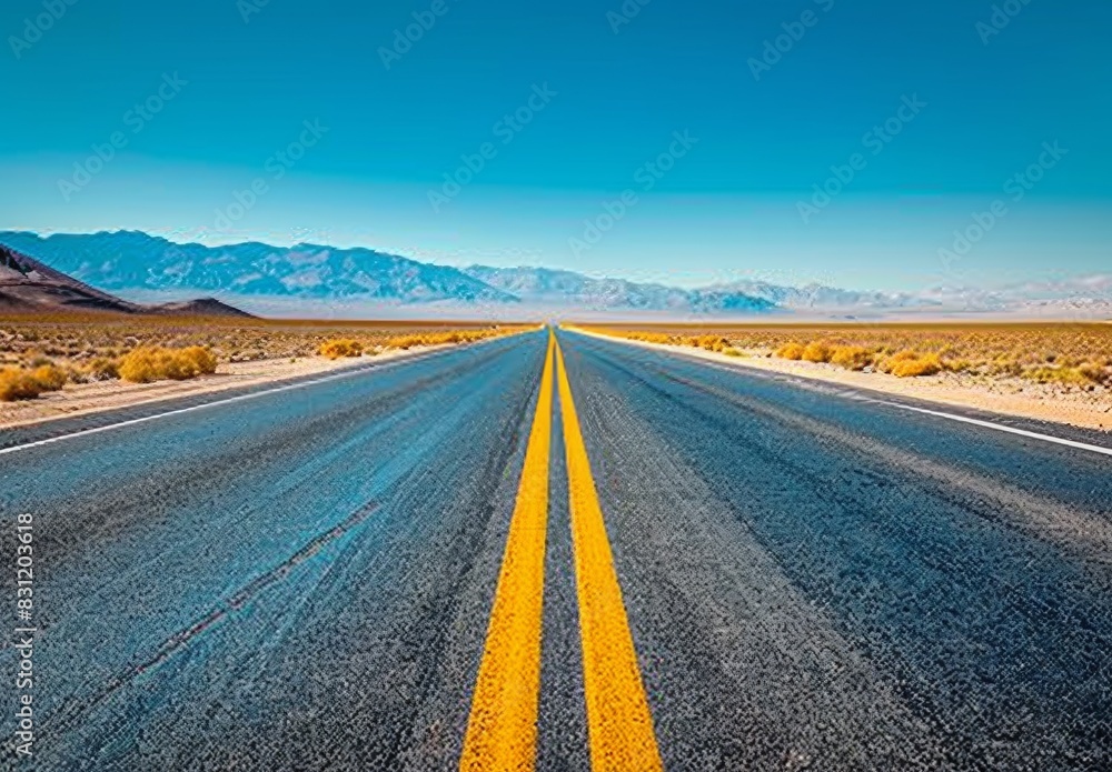 Fototapeta premium An open road stretching into the horizon under a clear, expansive sky. This scene symbolizes endless possibilities, ideal for adding motivational quotes about adventure and forward movement.