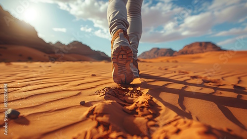 Someone is walking in the middle of the desert. photo