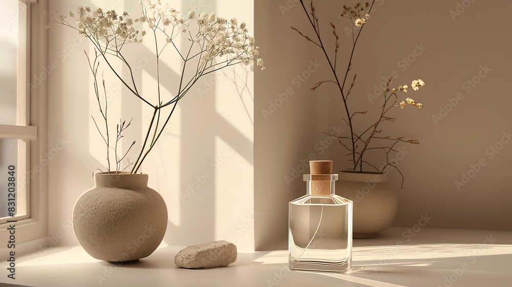 Minimalist home decor with a glass bottle, dried flowers, and natural elements. Minimalist home decor with a glass bottle, dried flowers, and natural elements.