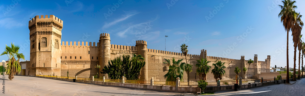 A large castle like building with towers historic royal landmark abstract on blue sky background
