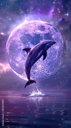 purple moon with dolphin jumping out of the water