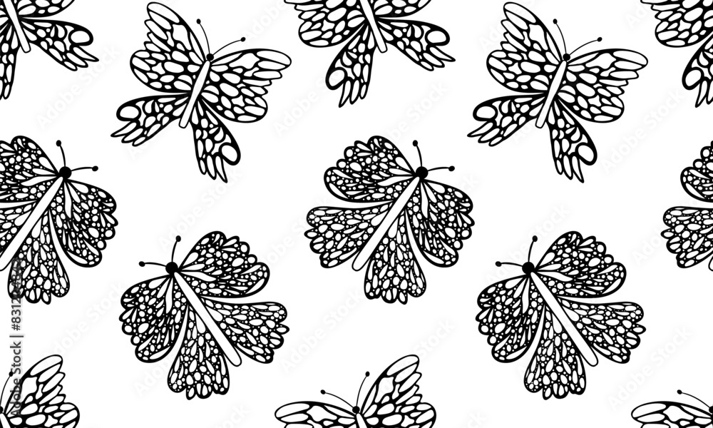 Black and white flying butterflies with ornaments Black and white flying butterflies with ornaments