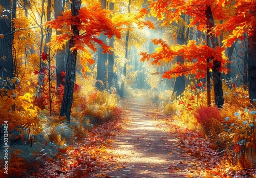 A quiet forest path blanketed in autumn leaves  with sunlight filtering through the trees. The dappled light creates a peaceful ambiance  perfect for text about the beauty of life s journey.
