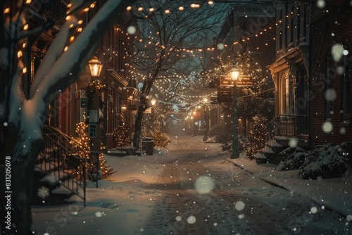 A snowy street lined with sparkling lights and festive trees  creating a cozy and inviting holiday scene