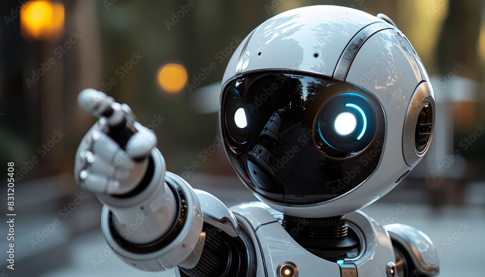 A robot with a blue eye pointing to the right by AI generated image A robot with a blue eye pointing to the right by AI generated image