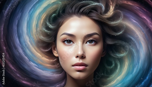 A stunning ethereal portrait of a woman with cosmic swirls of colors in her hair, blending seamlessly with the galaxy. The image portrays beauty and mystique.. AI Generation photo