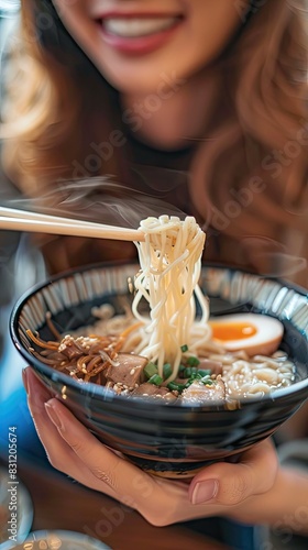 Woman holding bowl of noodles with chopsticks