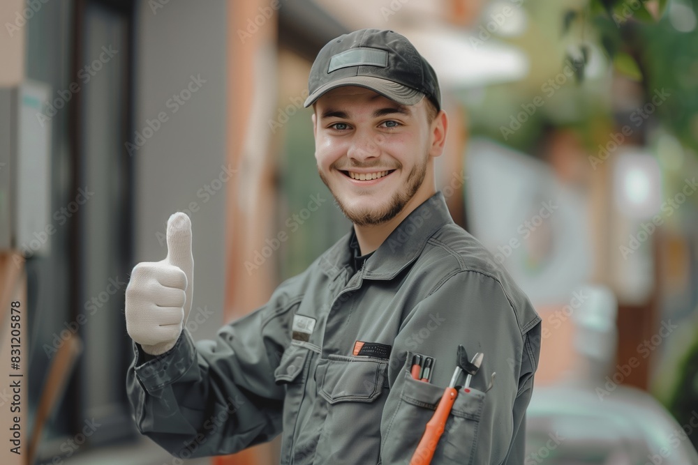 The young man wearing the gray uniform and giving thumbs up. The young man wearing the gray uniform and giving thumbs up.