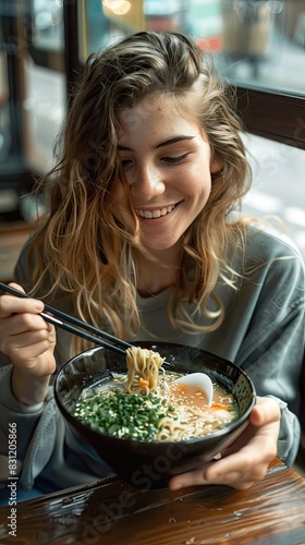 Woman using chopsticks to eat a bowl of soup