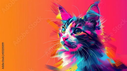 Manx Cat in vibrant pop art style, colorful geometric background close up, whimsical, blend mode, cityscape backdrop