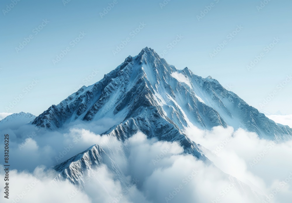 A mountain peak surrounded by wispy clouds with a clear blue sky above. The majestic landscape provides plenty of room for inspirational messages about reaching new heights and aspirations.