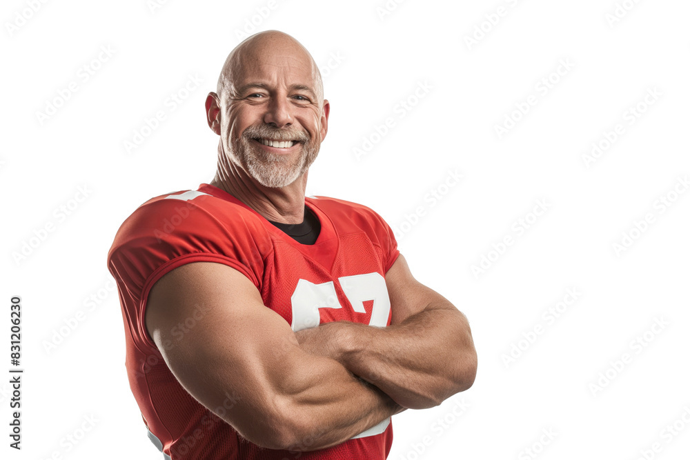 Muscular Bald Middle-Aged Man in Red Football Jersey Smiling on White Background Muscular Bald Middle-Aged Man in Red Football Jersey Smiling on White Background