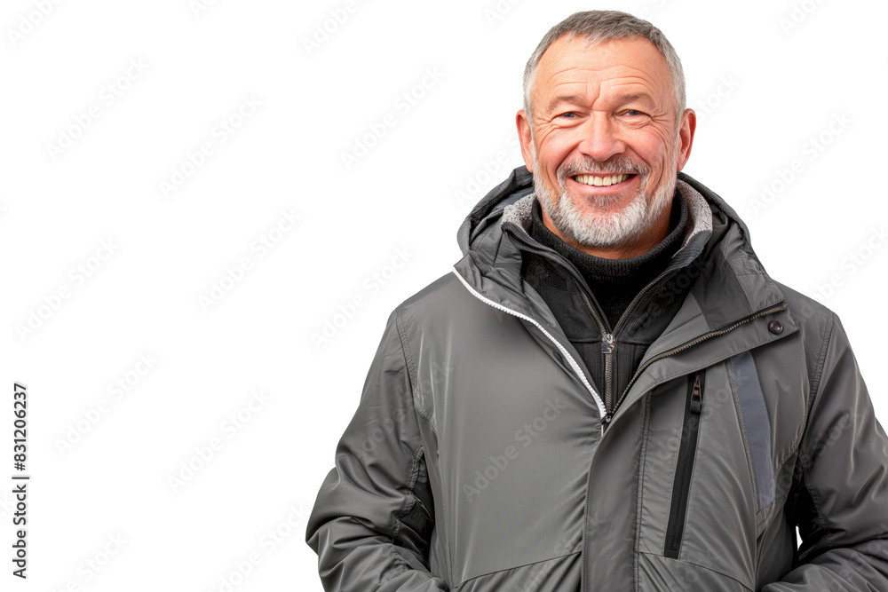 Elderly Man in Grey Outdoor Jacket Smiling on White Background Elderly Man in Grey Outdoor Jacket Smiling on White Background