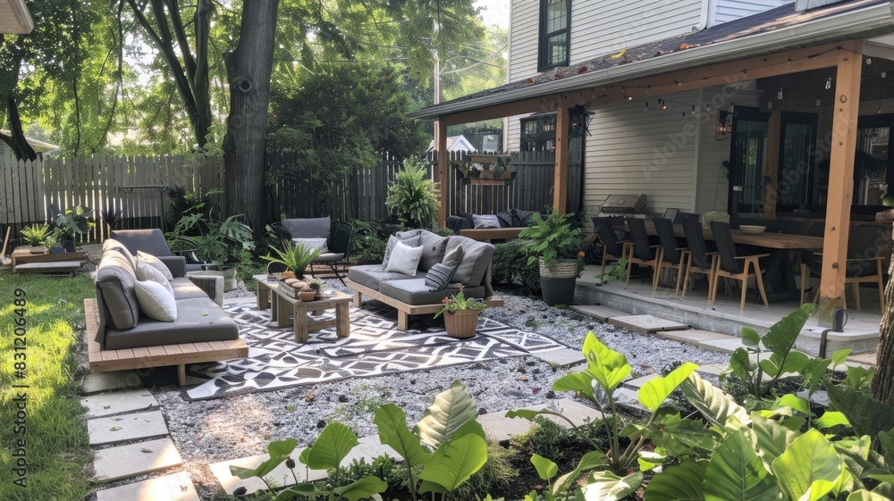 Backyard transformation with new patio installation and organized outdoor furniture