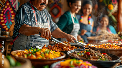 Photo realistic family cooking traditional Hispanic dishes with festive backdrop illustrating cultural heritage and culinary traditions   High resolution image in Adobe Stock photo
