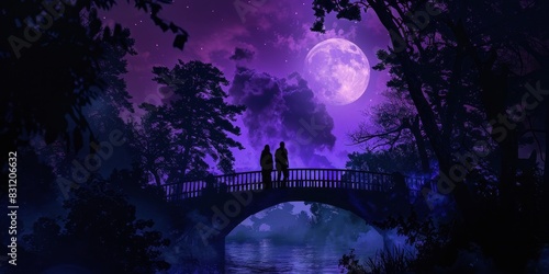 Two people standing on a bridge at night, with a full moon and purple sky in the background, Dark trees surround them,