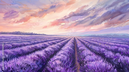 A breathtaking lavender field at sunset with vibrant colors and dramatic clouds  capturing the serene and tranquil beauty of nature.